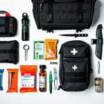 **

"A fully equipped survival kit laid out on a clean surface, showcasing water bottles, energy bars, a first aid kit, and a multi-tool knife, appropriate content, safe for work, organized layout, perfect anatomy, natural proportions, professional product photography, high quality, professional."

**